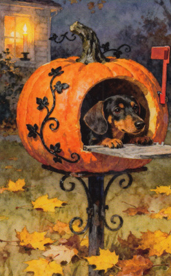 Halloween mäyräkoira kurpitsapostilaatikossa