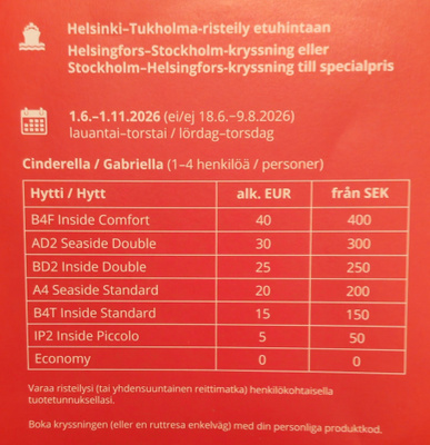 Hki-Sto-Hki risteily 1.11 asti la-to lähdöt
