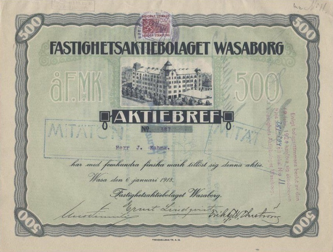 OKK 1918 Fastighets Ab Wasaborg, Vaasa osakekirja