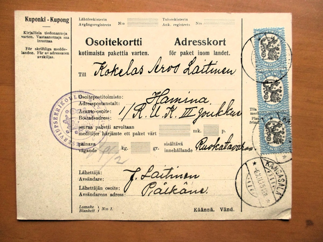1925 Kangasala osoitekortti Haminan RUKeen