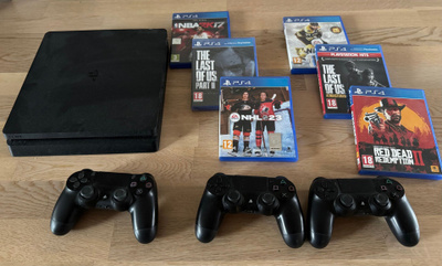 Playstation 4 Slim (500 gb), 3 DUALSHOCK 4-ohjainta, 6 peliä