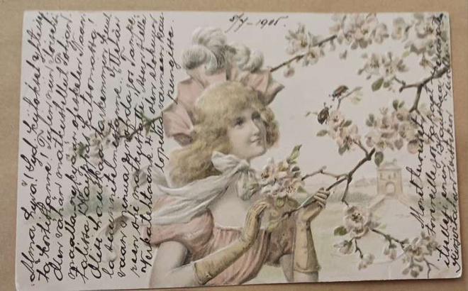 Nuori leidi omenankukkien seassa, kohop., p. 1905