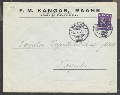 Postilähetys - Yl.m. 8mk (LAPE 312) Raahe 18.9.1946