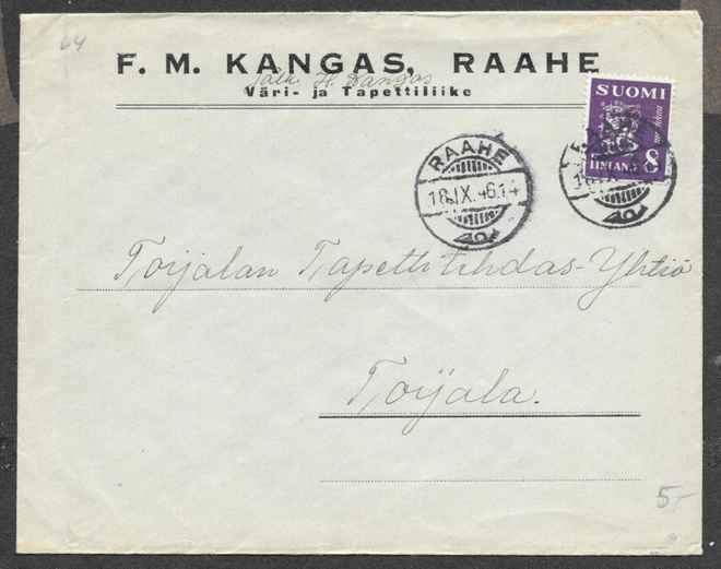 Postilähetys - Yl.m. 8mk  (LAPE 312) Raahe 18.9.1946