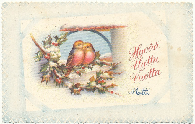 Linnut lumisella oksalla -vanha kortti