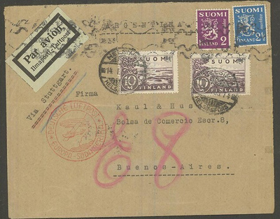 1932 10mk ym lentokirje "via Stuttgart" Argentiinaan 1935