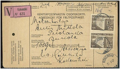 1945 20mk postitalo pari - vakuutettu paketti-kp-osoitekortt