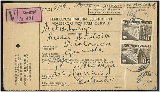 1945 20mk postitalo pari - vakuutettu paketti-kp-osoitekortt
