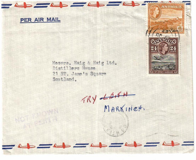 ISOBRITANNIA ANTIGUA PER AIR MAIL KÄÄNNYTYS
