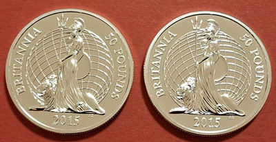 2 x 1 oz 999 Britannia hopeaa, Englanti 50 £ 2015. (KD8)