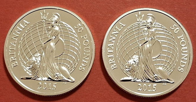 2 x 1 oz 999 Britannia hopeaa, Englanti 50 £ 2015. (KD8)