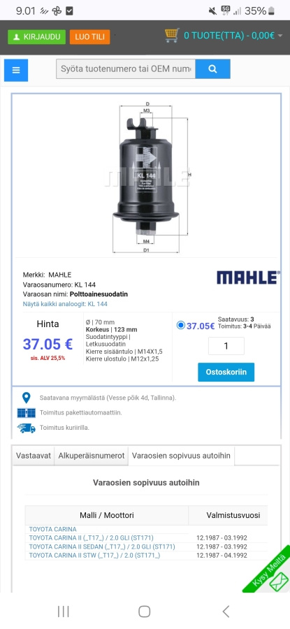 Toyota Carina polttoainesuodatin Mahle KL144
