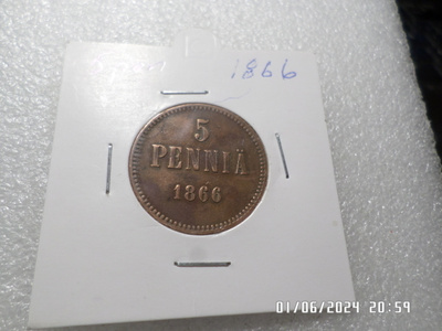 5 penniä    1866    komea   hieman patinoitunut  .