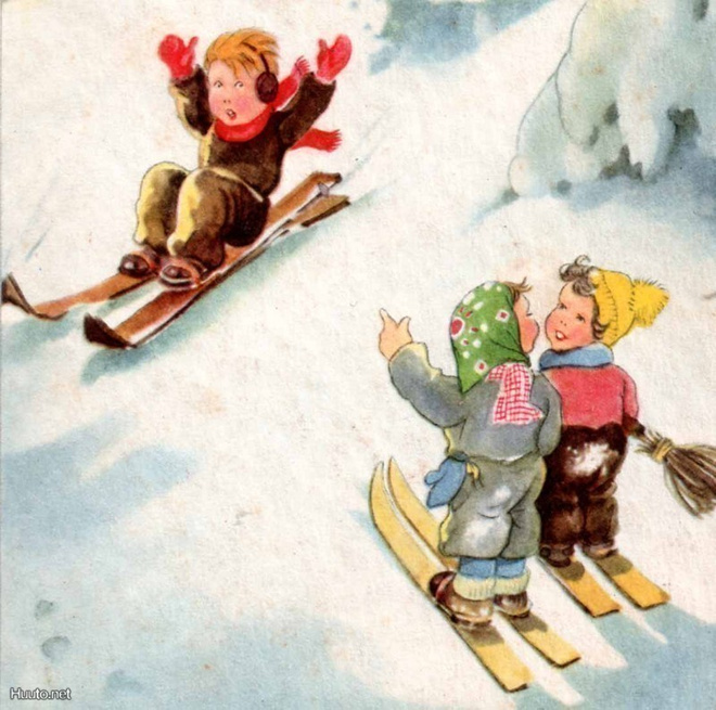 LAPSET / Lapset laskevat suksilla mäessä. 1940-l.