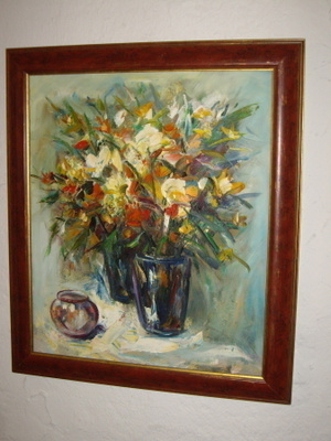 Upea värikäs  KUKKATAULU  öljyvärimaalaus 72x62cm
