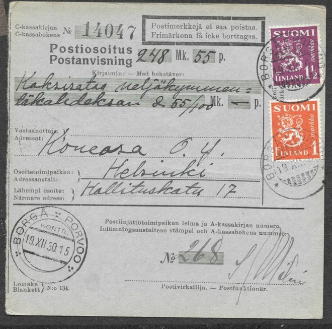 Postiosoitus - Yl.m. 1,5+1mk (LAPE 150+152) Porvoo 19.12.30