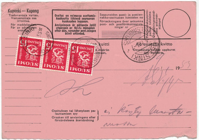 1952 15mk pun.leijona 3 kpl postiennakkopaketin palautus