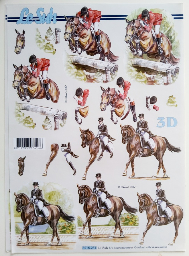 3D KORTTIKUVAT- "Ratsastajat" leikattava  A4 arkki, 4 kpl