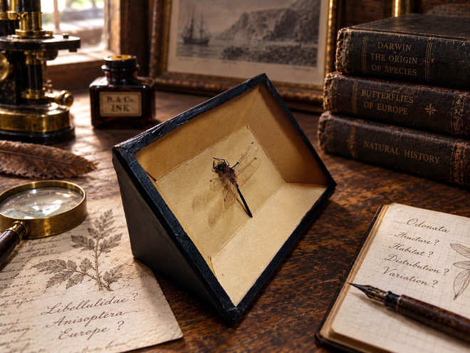 Vanha sudenkorentopreparaatti entomologisessa kiilarasiassa,