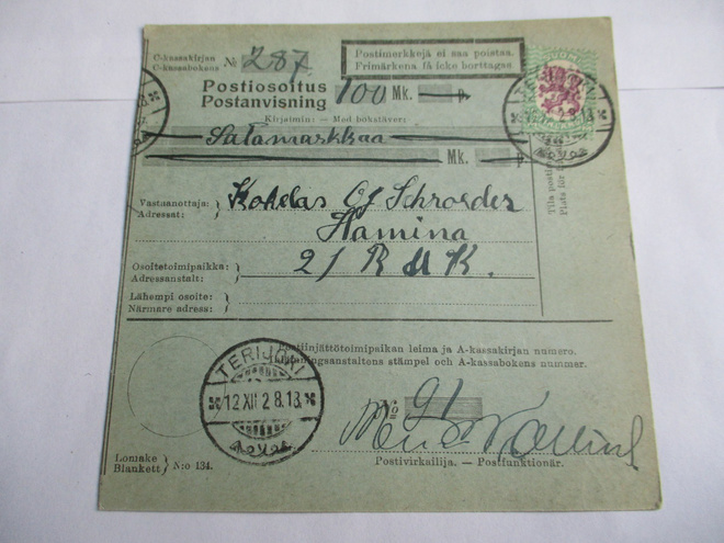 1928 Terijoki postiosoitus Haminan RUKeen
