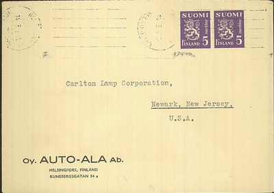 M30 1945 5mk violetti leijona pari kirje USAhan