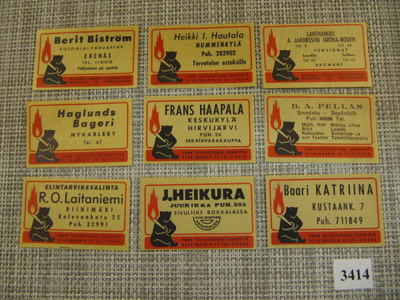Tulitikkuetikettejä 9 kpl .mm. J.Heikura Juurikka,Rokkalassa