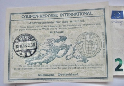 VANHA Vastauskuponki Coupon-Reponse Saksa 25 pf 1913