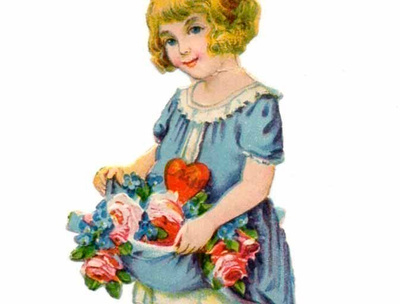 WANHA / Sinimekkoinen tyttö kukkia helmassaan. 1920-30-l.