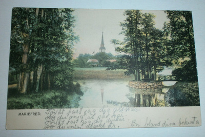 Mariefred, järvimaisemaa ja kirkko, vanha väripk, k. 1900-l.