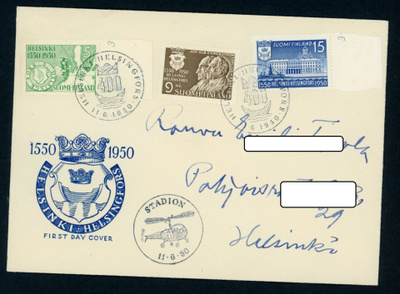 FDC 1950 Helsinki 400 vuotta Stadion-leima
