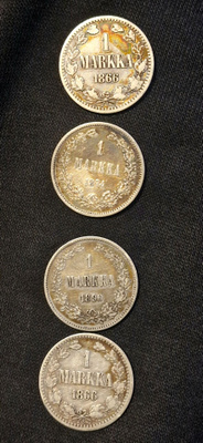 4.kpl vanhoja hopeamarkkoja (1866, 1874, 1890, 1866
