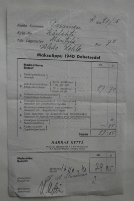 Kiinteistövero, maksulippu 1940, allekirj. Harras Kyttä