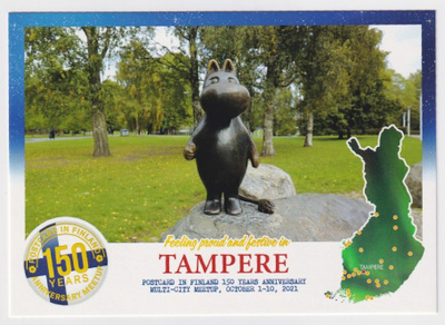 Tampere: Sorsapuisto ja Muumipeikko-patsas