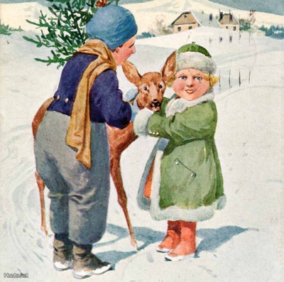 LAPSET / Tyttö ja poika, bambi ja luminen kylä. 1920-l.