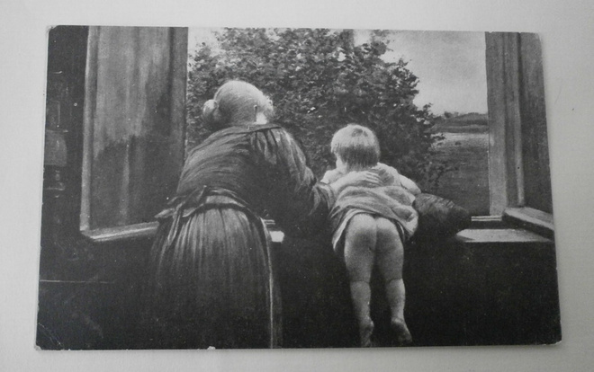 Äiti ja lapsi ikkunalla, vanha mv pk, p. 1929