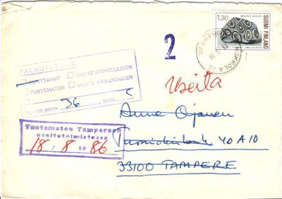 POSTILÄHETYS KOKKOLA-TAMPERE +TUNTEMATON +MUUTTANUT LEIMA T