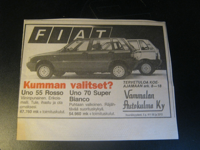 mainos Fiat Uno 55 Rosso, Uno 70 Super Bianco