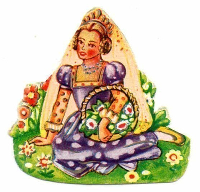 WS / Prinsessa istuu nurmella kukkakori sylissään.