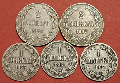 2 mk 1906 ja 1907 + 1 mk 1865, 1865 ja 1866. (KD2)