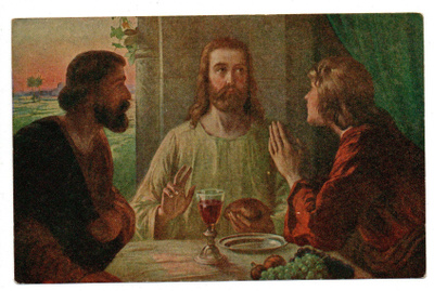 Vanha kortti, Jeesus ja kaksi opetuslasta Emmauksen tiellä