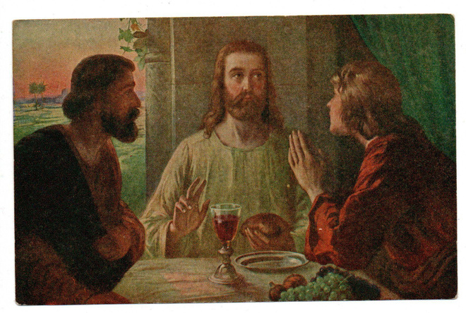 Vanha kortti, Jeesus ja kaksi opetuslasta Emmauksen tiellä
