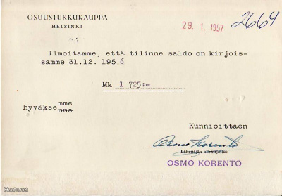 FIRMAKORTTI LAIDIKE/SUOMUSJÄRVI OSMO KORENTO siltaleima