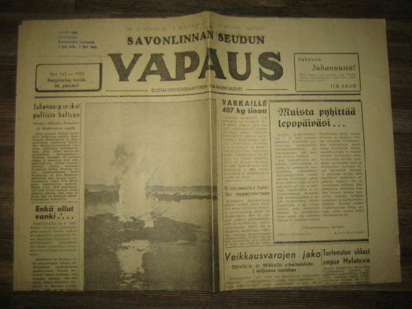 Sanomalehti: Savonlinnan Seudun Vapaus 24.6.1955