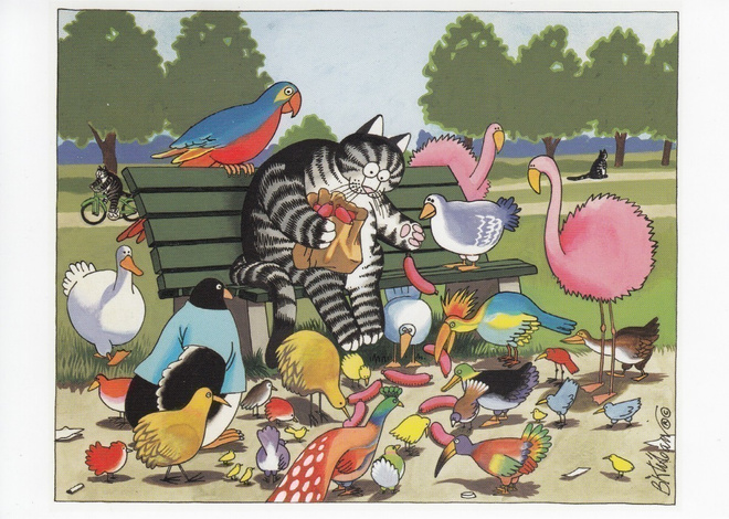 B. Kliban: Puistonpenkkikissa (isohko taittokortti)