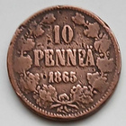 Aleksanteri II, kupari 10 penniä, vuodelta 1865. 247.000 kpl - pikkukuva 1