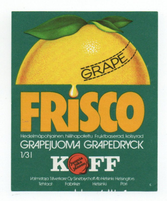 KOFF FRISCO GRAPEJUOMA  Etiketti. Helsinki-Pori