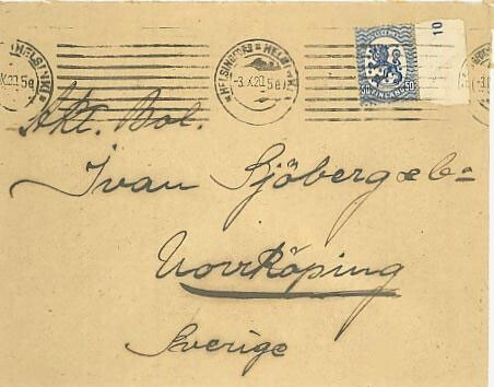 1920 50p kirje Ruotsiin 1920