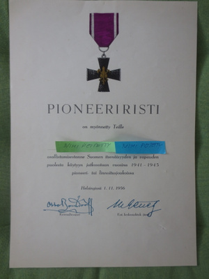 Pioneeri Ristin Myöntökirja