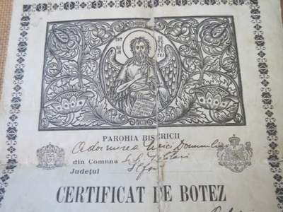 Romanialainen kastetodistus 1939