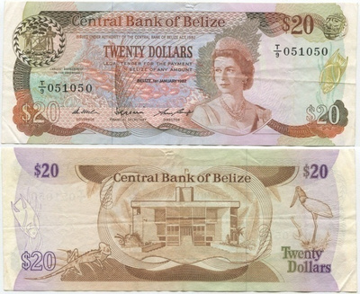 Belize 20 Dollars 1987 (P-49b) VF+ QEII harvinainen